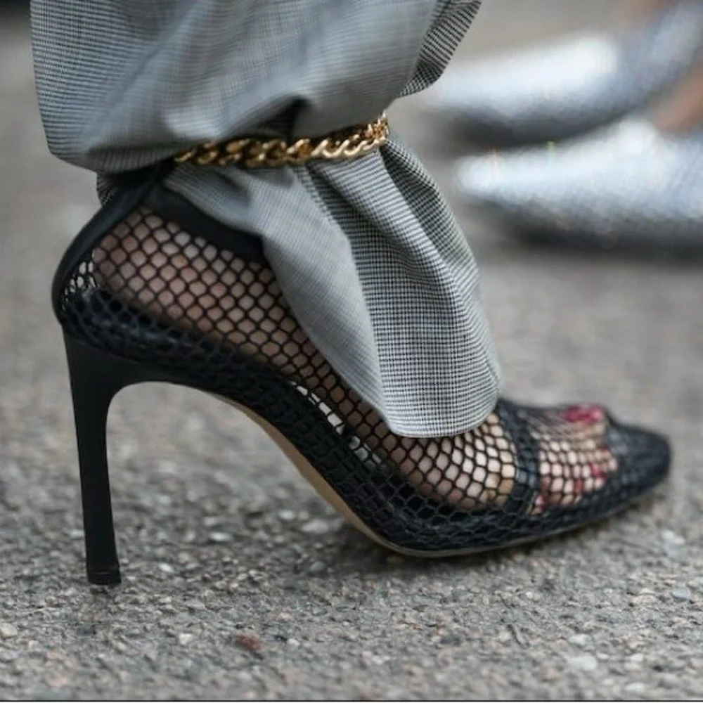 Bottega Veneta Stretch Chain Ankle Strap Nappa Leather Heel Mesh Pumps Size 38 - Picture 12 of 16